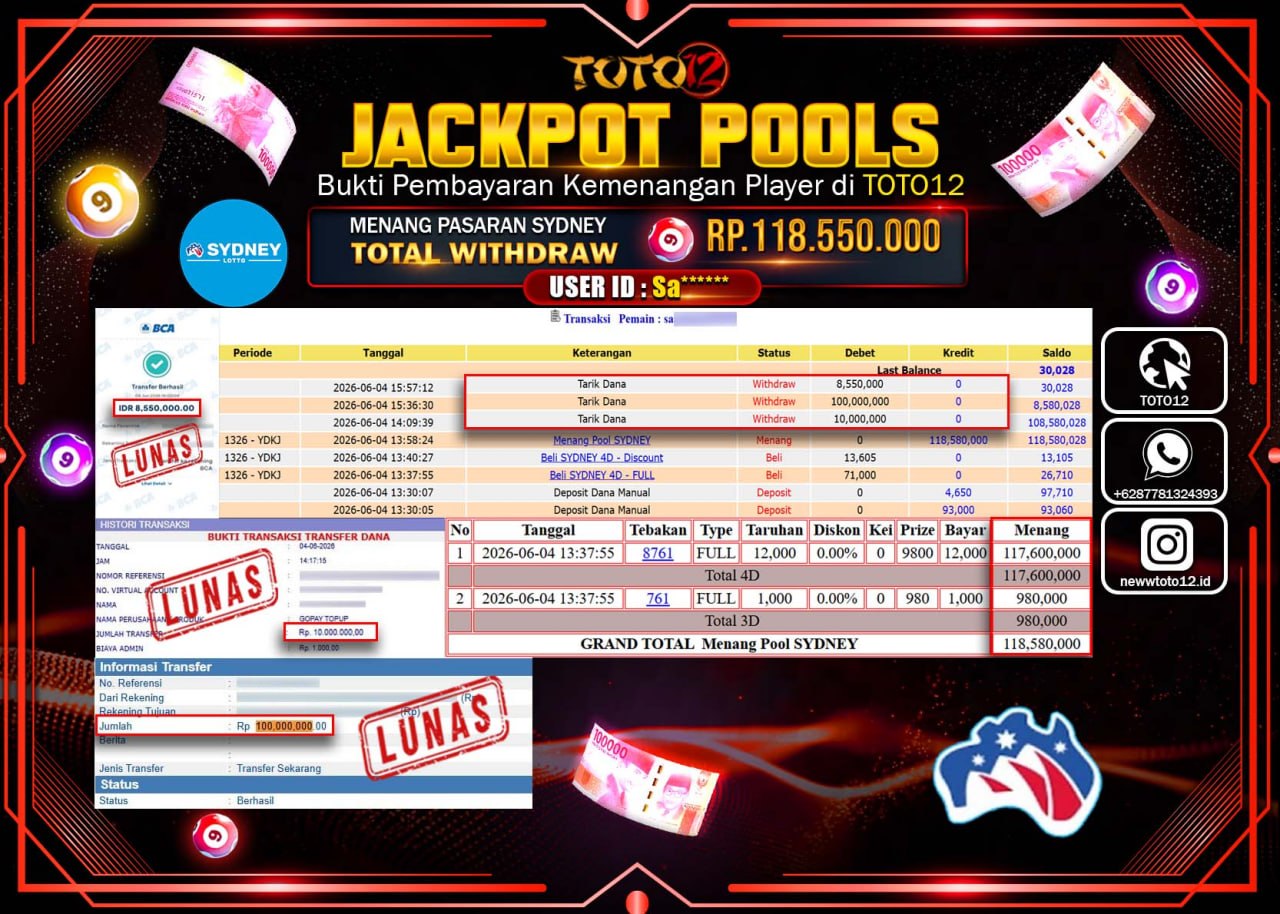 HANYA DI TOTO12 JP PASTI DI BAYAR LUNAS DAN CEPAT!!!!!! JACKPOT POOLS PASARAN (SYDNEY) Rp118.550.000!!!!