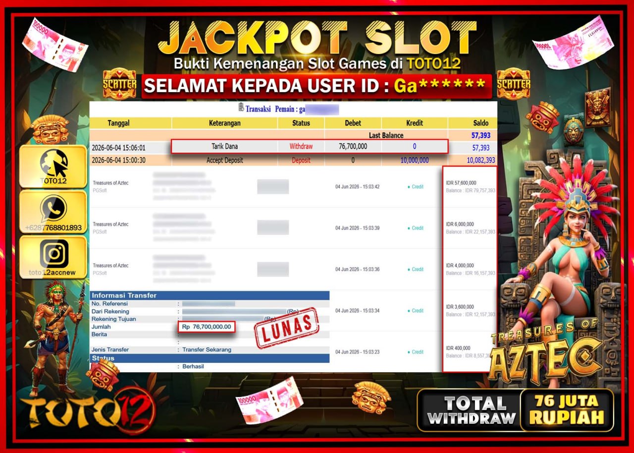 HANYA DI TOTO12 JP PASTI DI BAYAR LUNAS DAN CEPAT!!!!!! JACKPOT SLOT GAME (TREASURES OF AZTEC) Rp76.700.000!!!!
