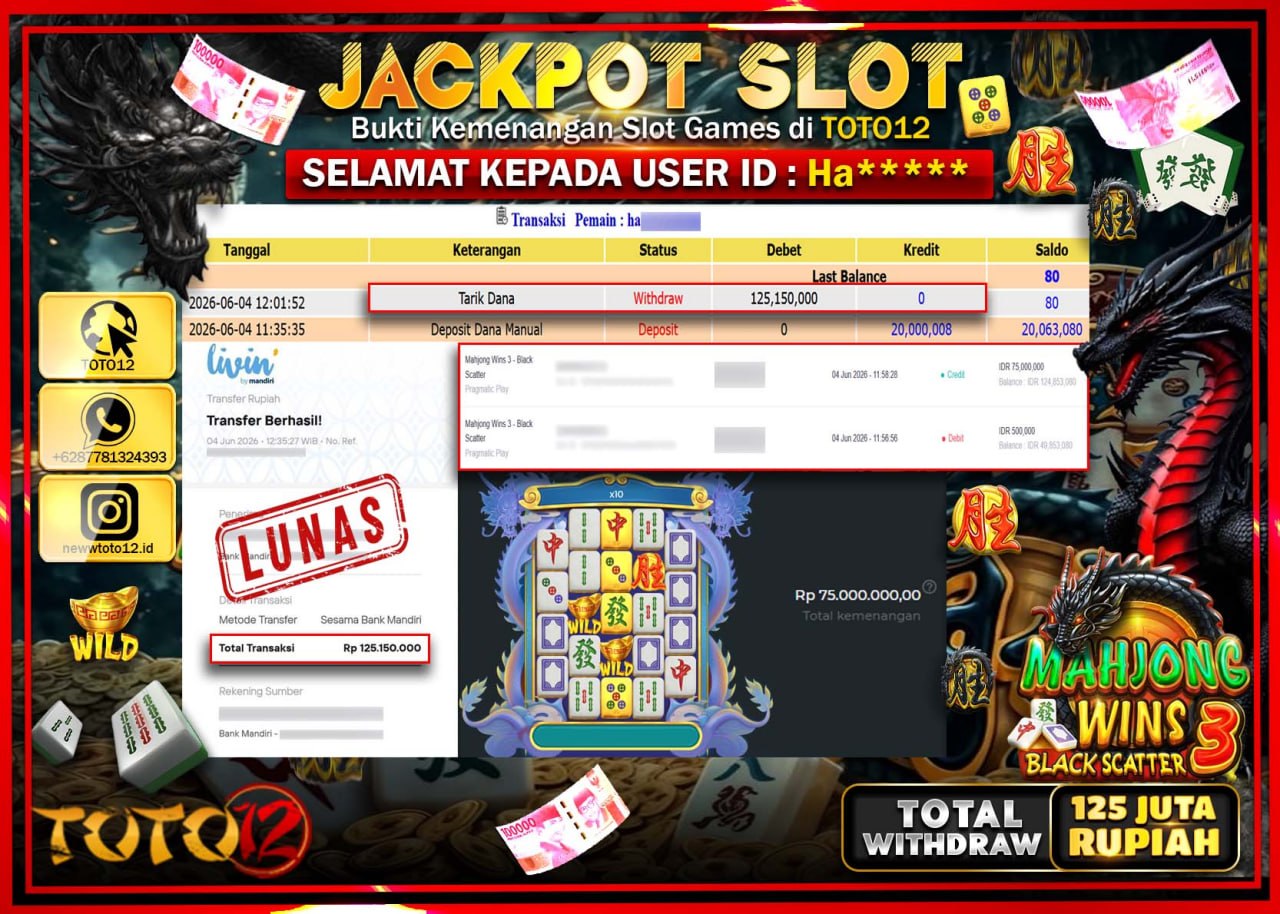 HANYA DI TOTO12 JP PASTI DI BAYAR LUNAS DAN CEPAT!!!!!! JACKPOT SLOT GAME (MAHJONG WINS 3 BLACK SCATTER) Rp125.150.000!!!!