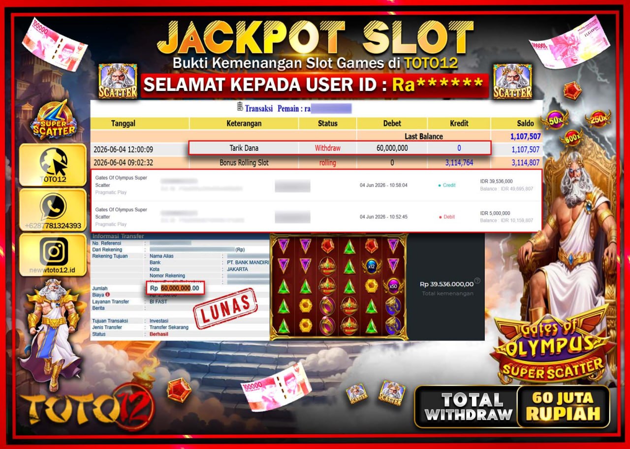 HANYA DI TOTO12 JP PASTI DI BAYAR LUNAS DAN CEPAT!!!!!! JACKPOT SLOT GAME (GATES OF OLYMPUS SUPER SCATTER) Rp60.000.000!!!!