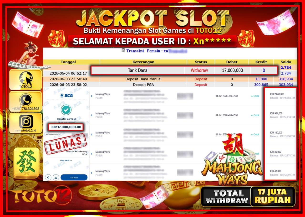 HANYA DI TOTO12 JP PASTI DI BAYAR LUNAS DAN CEPAT!!!!!! JACKPOT SLOT GAME (MAHJONG WAYS) Rp17.000.000!!!!