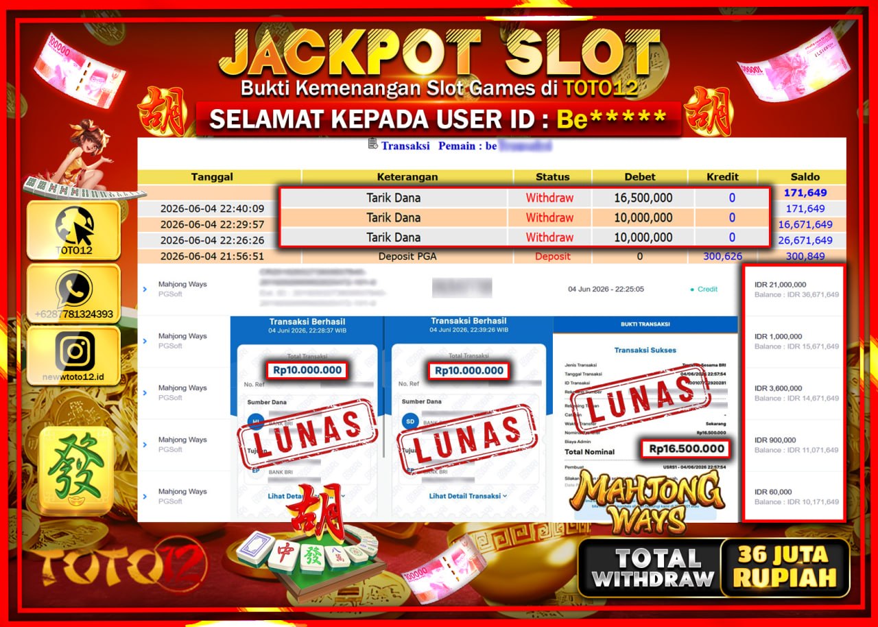 HANYA DI TOTO12 JP PASTI DI BAYAR LUNAS DAN CEPAT!!!!!! JACKPOT SLOT GAME (MAHJONG WAYS) Rp36.500.000!!!!