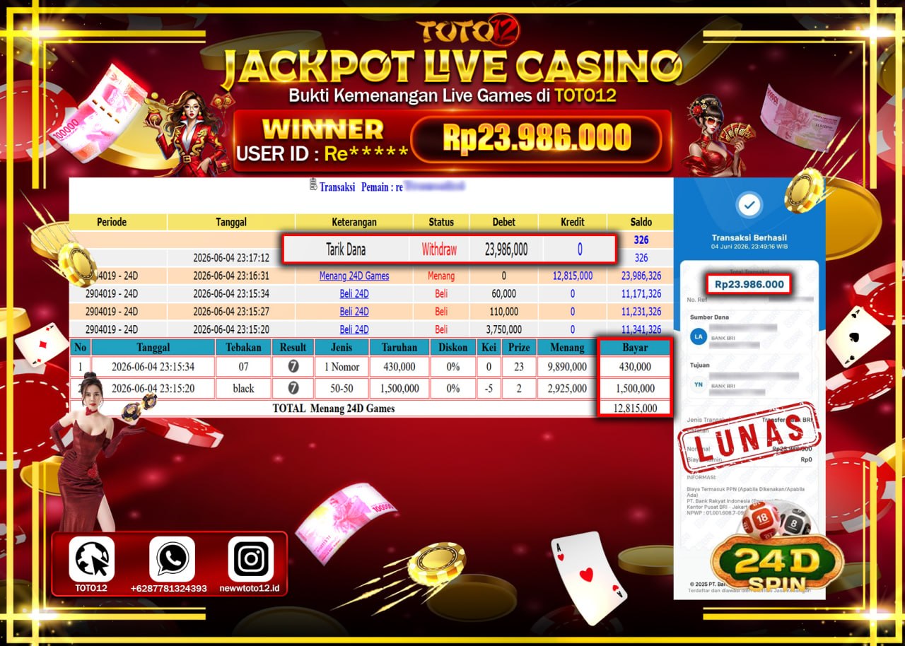 HANYA DI TOTO12 JP PASTI DI BAYAR LUNAS DAN CEPAT!!!!!! JACKPOT  LIVE GAME CASINO (24D) Rp23.986.000!!!!