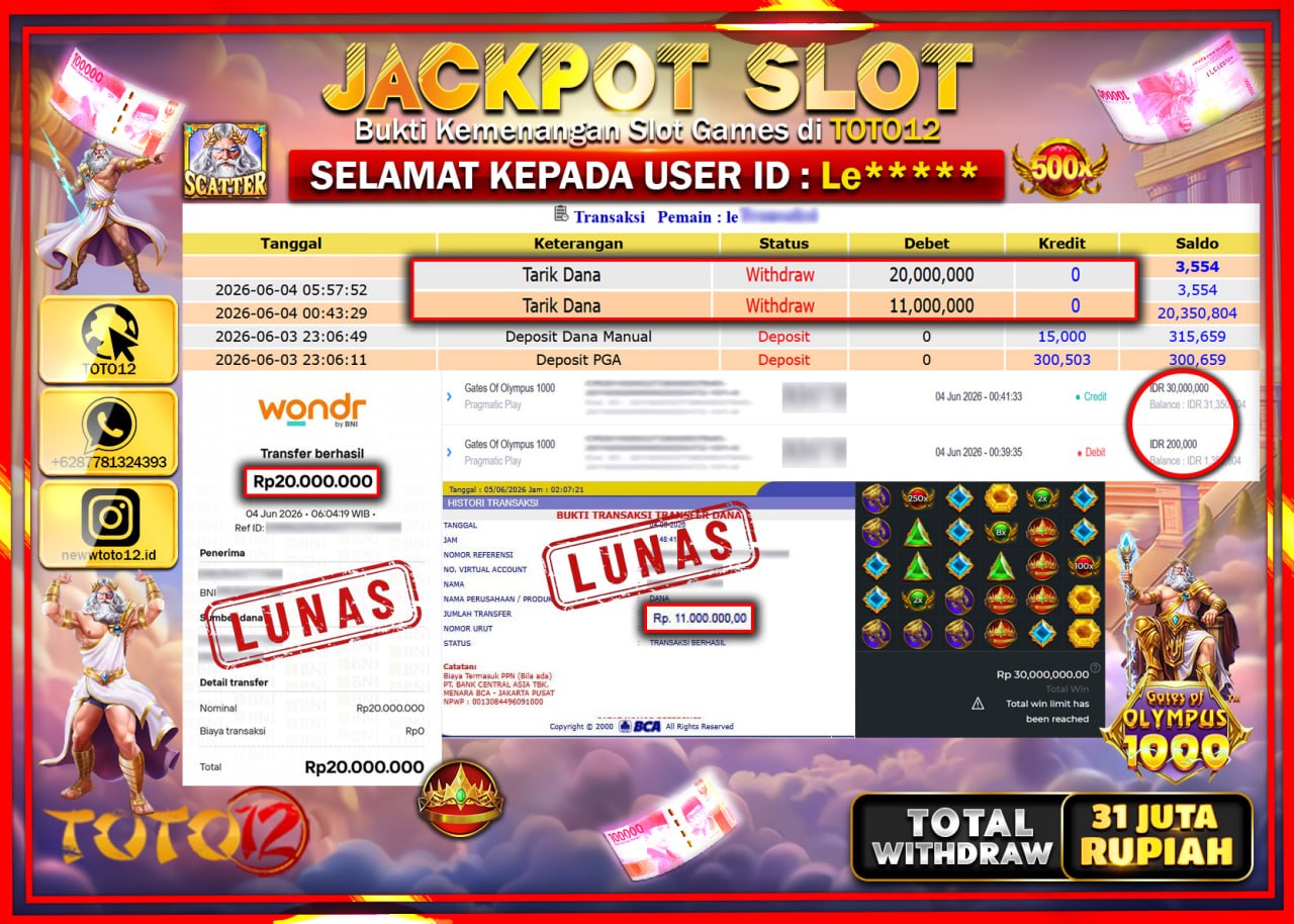 HANYA DI TOTO12 JP PASTI DI BAYAR LUNAS DAN CEPAT!!!!!! JACKPOT SLOT GAME (GATES OF OLYMPUS 1000) Rp31.000.000!!!!