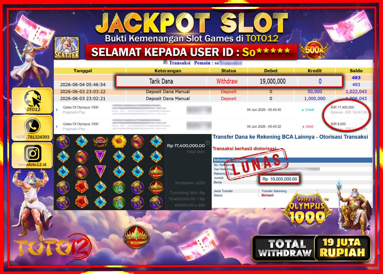 HANYA DI TOTO12 JP PASTI DI BAYAR LUNAS DAN CEPAT!!!!!! JACKPOT SLOT GAME (GATES OF OLYMPUS 1000) Rp19.000.000!!!!
