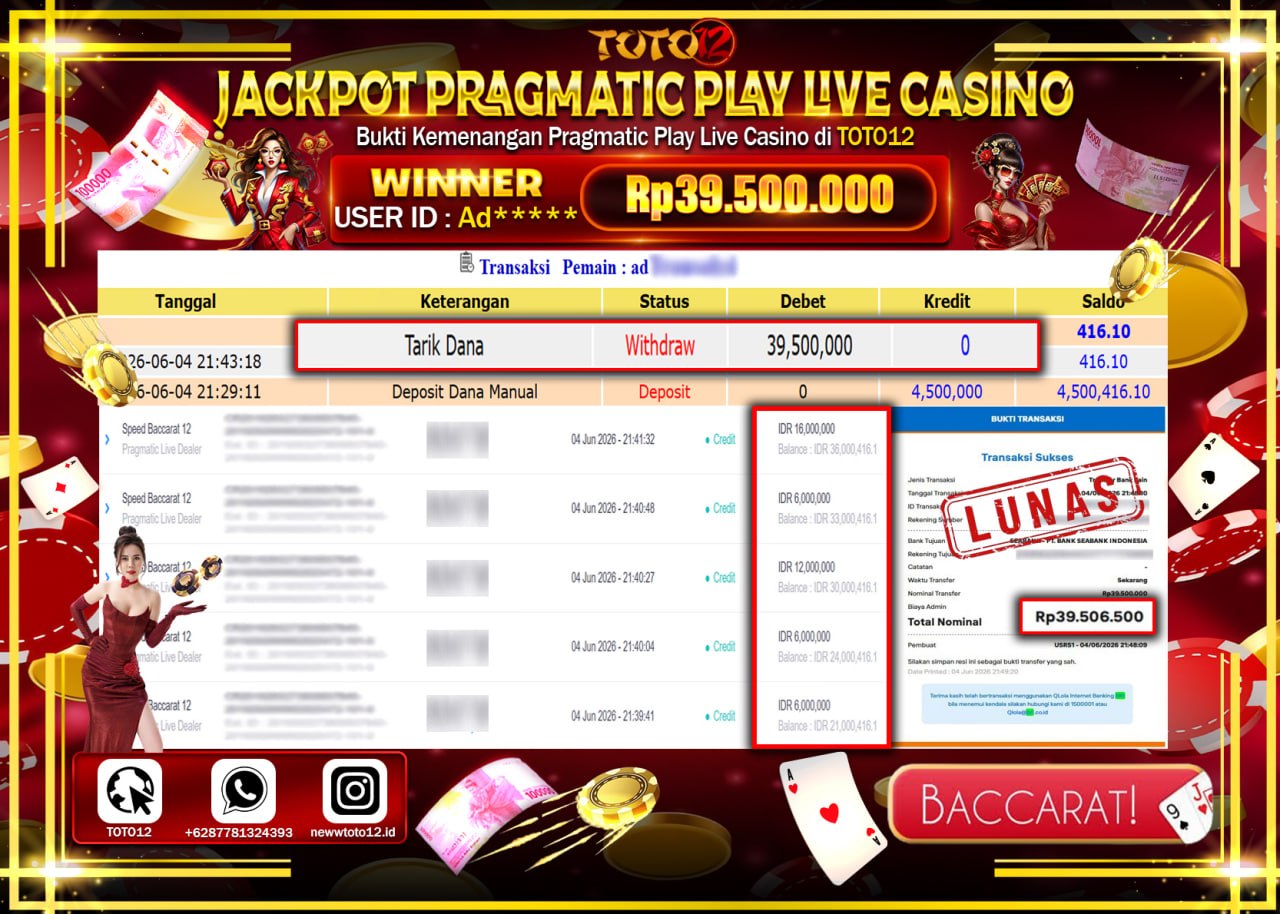 HANYA DI TOTO12 JP PASTI DI BAYAR LUNAS DAN CEPAT!!!!!! JACKPOT PRAGMATIC PLAY LIVE GAME CASINO (SPEED BACARAT 12) Rp39.500.000!!!!