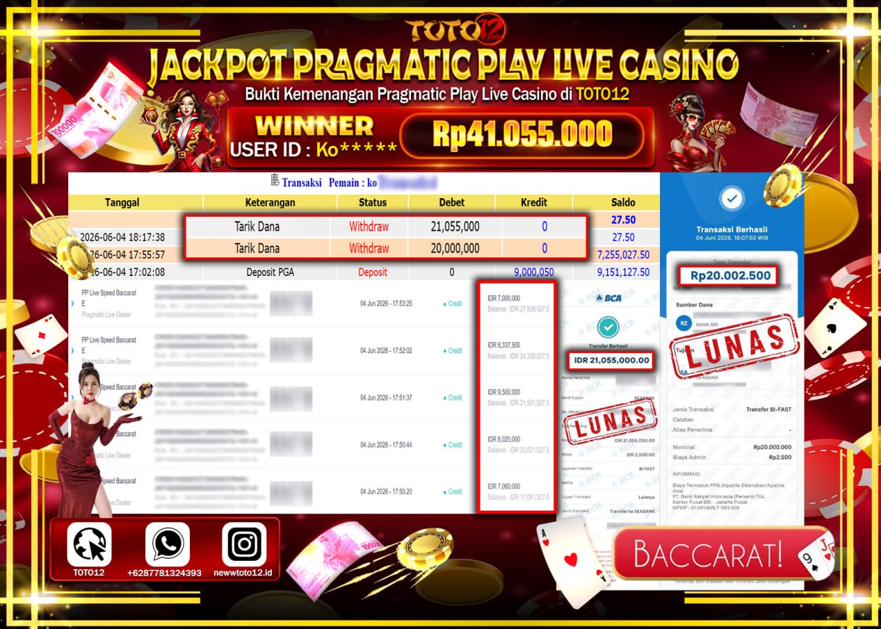 HANYA DI TOTO12 JP PASTI DI BAYAR LUNAS DAN CEPAT!!!!!! JACKPOT PRAGMATIC PLAY LIVE GAME CASINO (PP LIVE SPEED BACCARAT E) Rp41.055.000!!!!