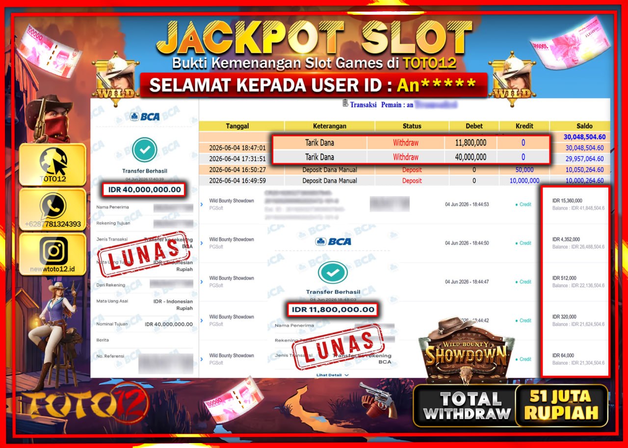 HANYA DI TOTO12 JP PASTI DI BAYAR LUNAS DAN CEPAT!!!!!! JACKPOT SLOT GAME (WILD BOUNTY SHOWDOWN) Rp51.800.000!!!!
