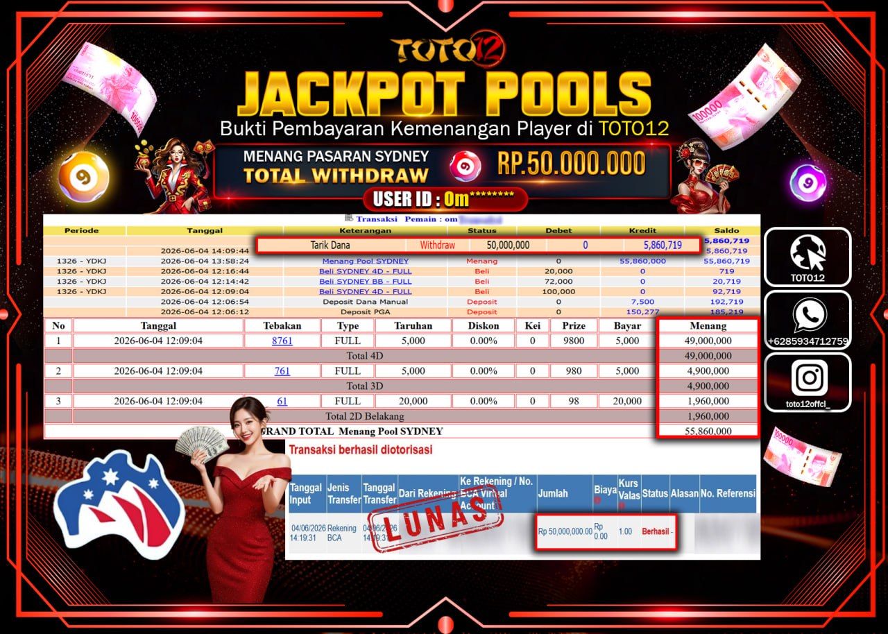 HANYA DI TOTO12 JP PASTI DI BAYAR LUNAS DAN CEPAT!!!!!! JACKPOT POOLS PASARAN (SYDNEY) Rp50.000.000!!!!