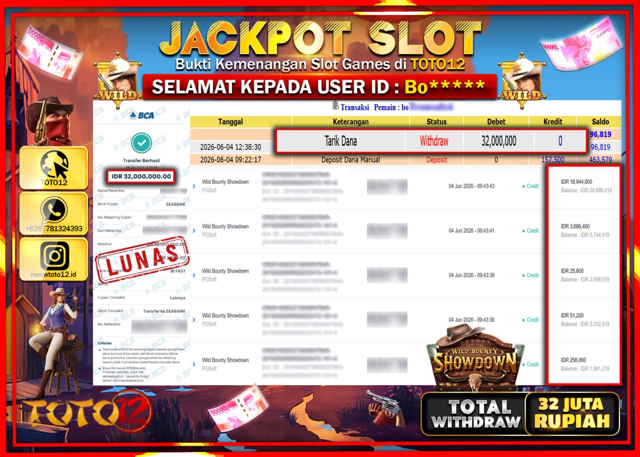 HANYA DI TOTO12 JP PASTI DI BAYAR LUNAS DAN CEPAT!!!!!! JACKPOT SLOT GAME (WILD BOUNTY SHOWDOWN) Rp32.000.000!!!!