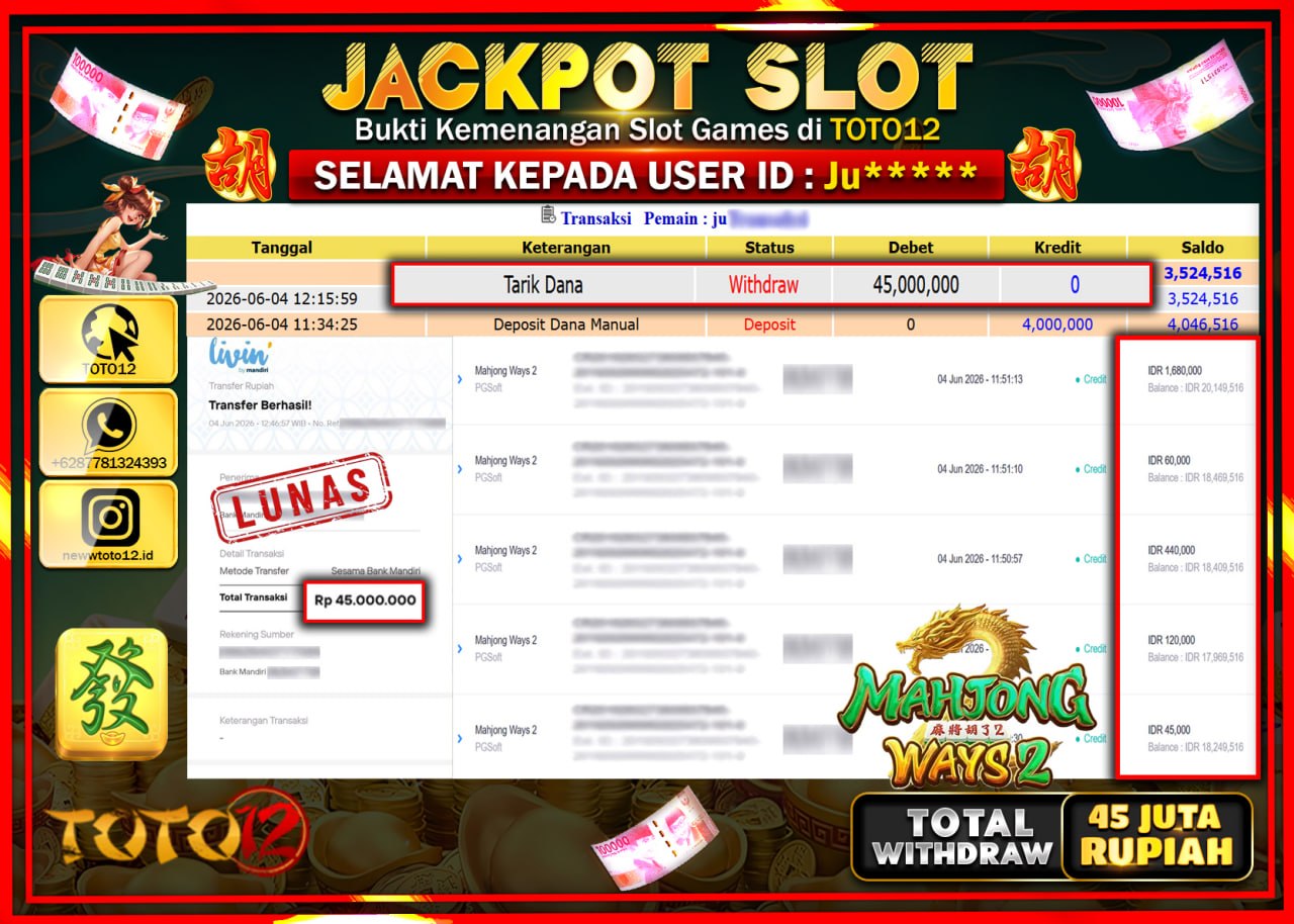HANYA DI TOTO12 JP PASTI DI BAYAR LUNAS DAN CEPAT!!!!!! JACKPOT SLOT GAME (MAHJONG WAYS 2) Rp45.000.000!!!!
