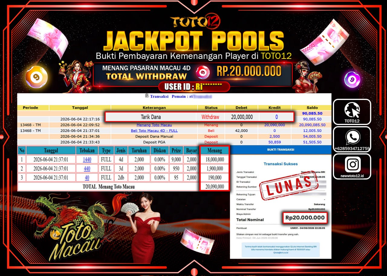 HANYA DI TOTO12 JP PASTI DI BAYAR LUNAS DAN CEPAT!!!!!! JACKPOT POOLS PASARAN (MACAU 4D) Rp20.000.000!!!!