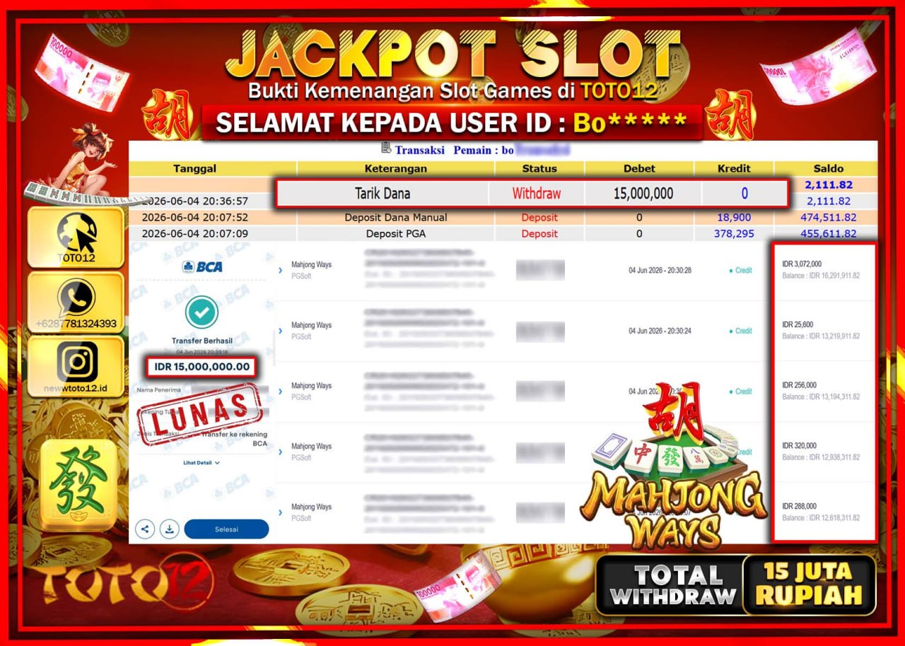 HANYA DI TOTO12 JP PASTI DI BAYAR LUNAS DAN CEPAT!!!!!! JACKPOT SLOT GAME (MAHJONG WAYS) Rp15.000.000!!!!