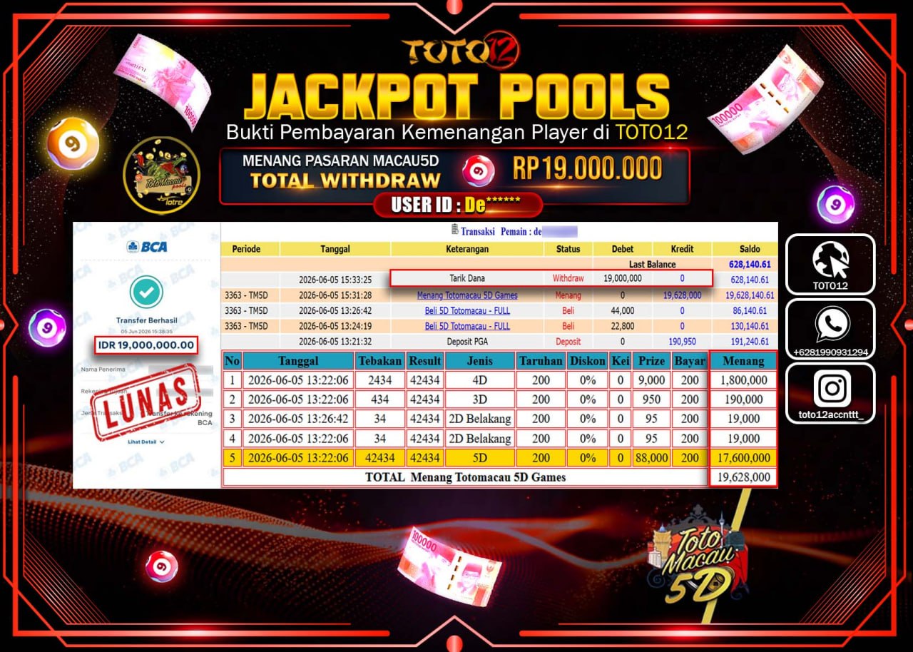 HANYA DI TOTO12 JP PASTI DI BAYAR LUNAS DAN CEPAT!!!!!! JACKPOT POOLS PASARAN (MACAU 5D) Rp19.000.000!!!!