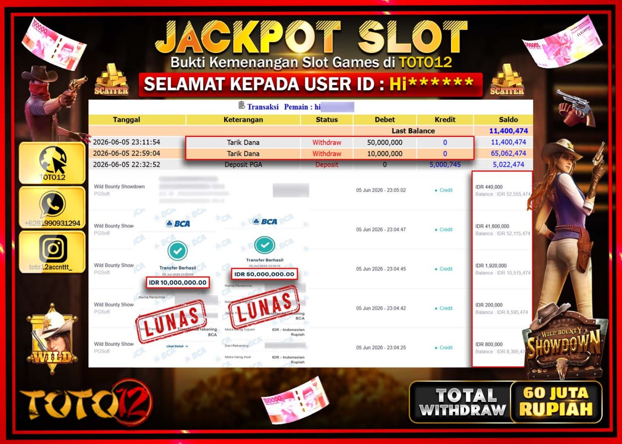 HANYA DI TOTO12 JP PASTI DI BAYAR LUNAS DAN CEPAT!!!!!! JACKPOT SLOT GAME (WILD BOUNTY SHOWDOWN) Rp60.000.000!!!!