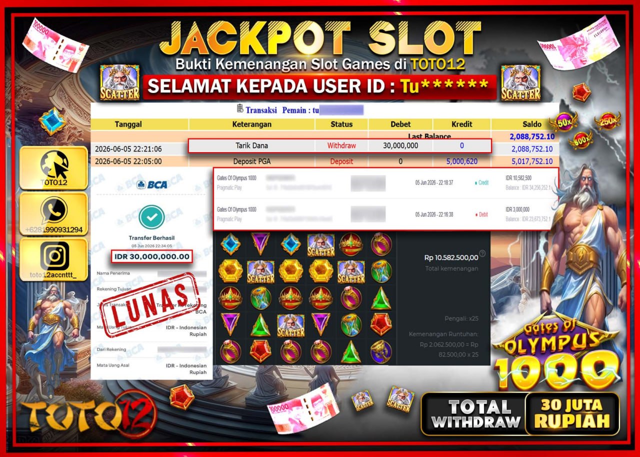 HANYA DI TOTO12 JP PASTI DI BAYAR LUNAS DAN CEPAT!!!!!! JACKPOT SLOT GAME (GATES OF OLYMPUS 1000) Rp30.000.000!!!!