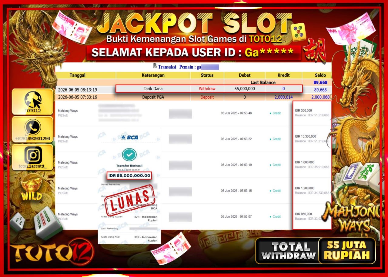 HANYA DI TOTO12 JP PASTI DI BAYAR LUNAS DAN CEPAT!!!!!! JACKPOT SLOT GAME (MAHJONG WAYS) Rp55.000.000!!!!