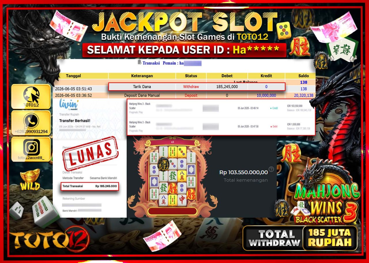 HANYA DI TOTO12 JP PASTI DI BAYAR LUNAS DAN CEPAT!!!!!! JACKPOT SLOT GAME (MAHJONG WINS 3 BLACK SCATTER) Rp185.245.000!!!!