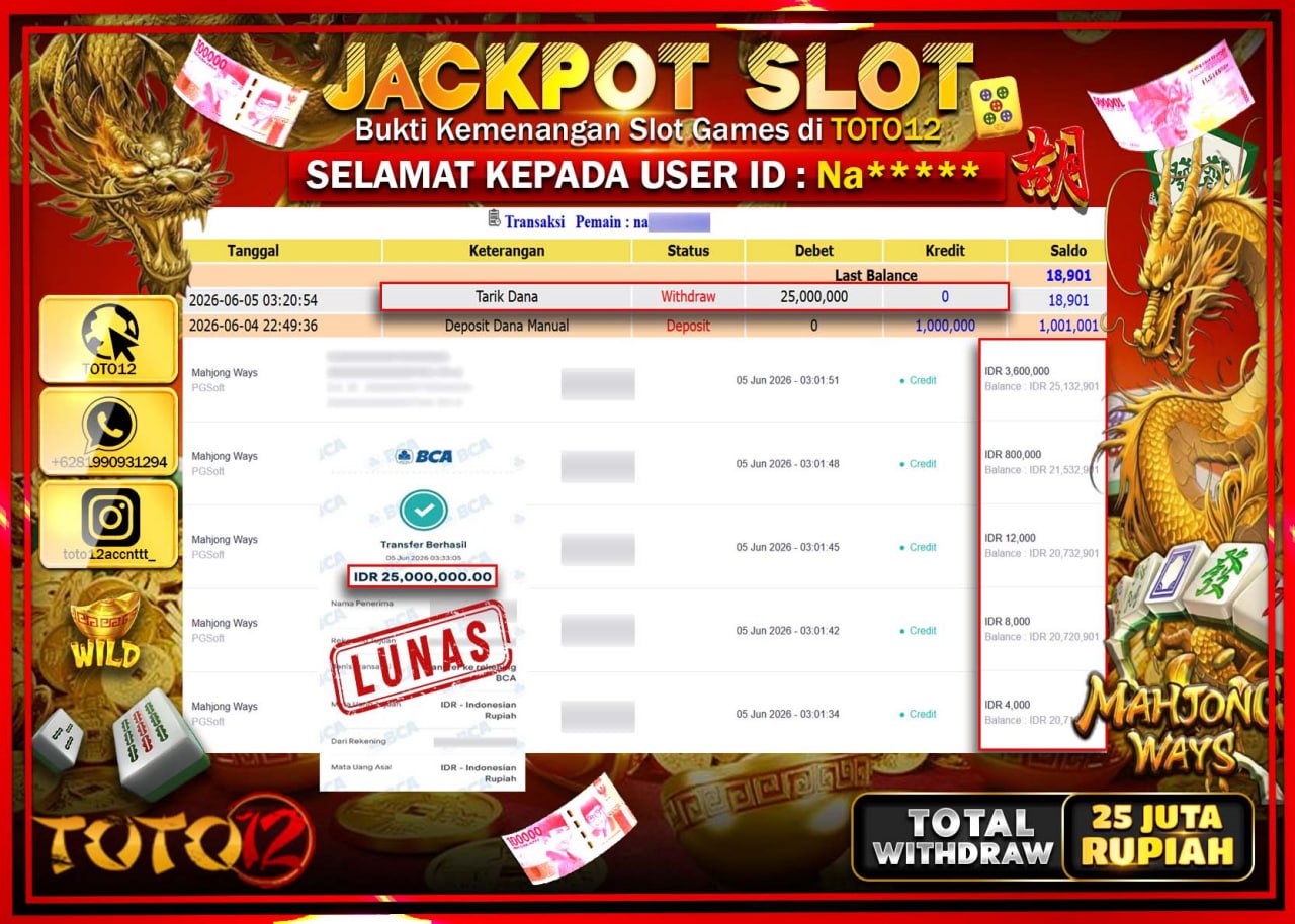 HANYA DI TOTO12 JP PASTI DI BAYAR LUNAS DAN CEPAT!!!!!! JACKPOT SLOT GAME (MAHJONG WAYS) Rp25.000.000!!!!
