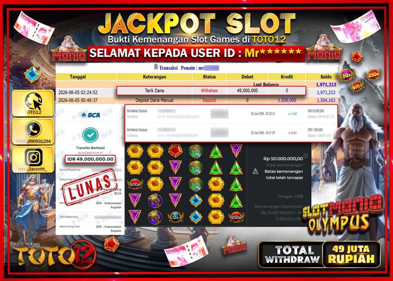 HANYA DI TOTO12 JP PASTI DI BAYAR LUNAS DAN CEPAT!!!!!! JACKPOT SLOT GAME (SLOT MANIA OLYMPUS) Rp49.000.000!!!!