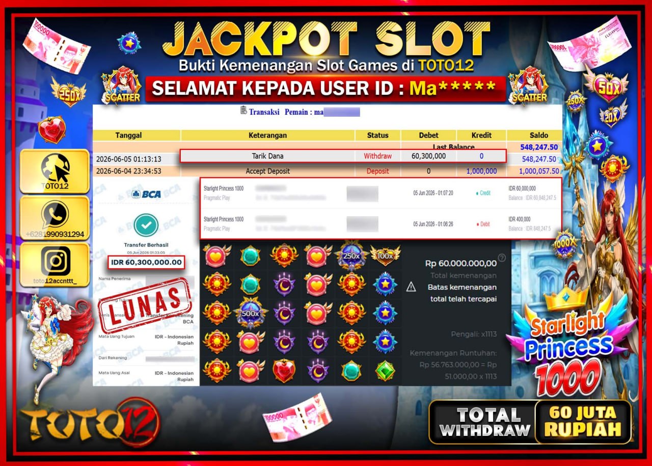 HANYA DI TOTO12 JP PASTI DI BAYAR LUNAS DAN CEPAT!!!!!! JACKPOT SLOT GAME (STARLIGHT PRINCESS 1000) Rp60.300.000!!!!