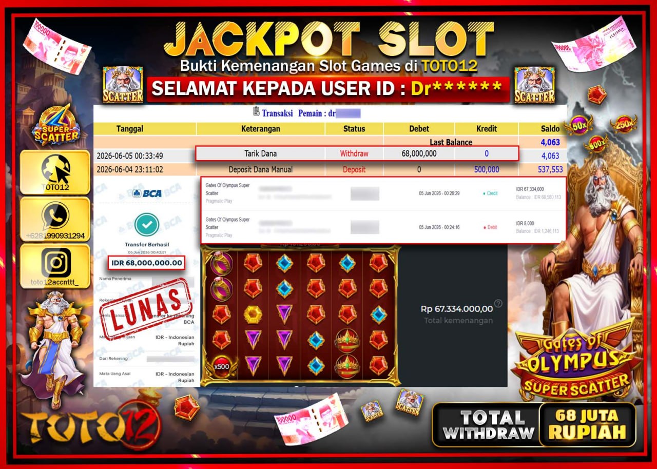 HANYA DI TOTO12 JP PASTI DI BAYAR LUNAS DAN CEPAT!!!!!! JACKPOT SLOT GAME (GATES OF OLYMPUS SUPER SCATTER) Rp68.000.000!!!!