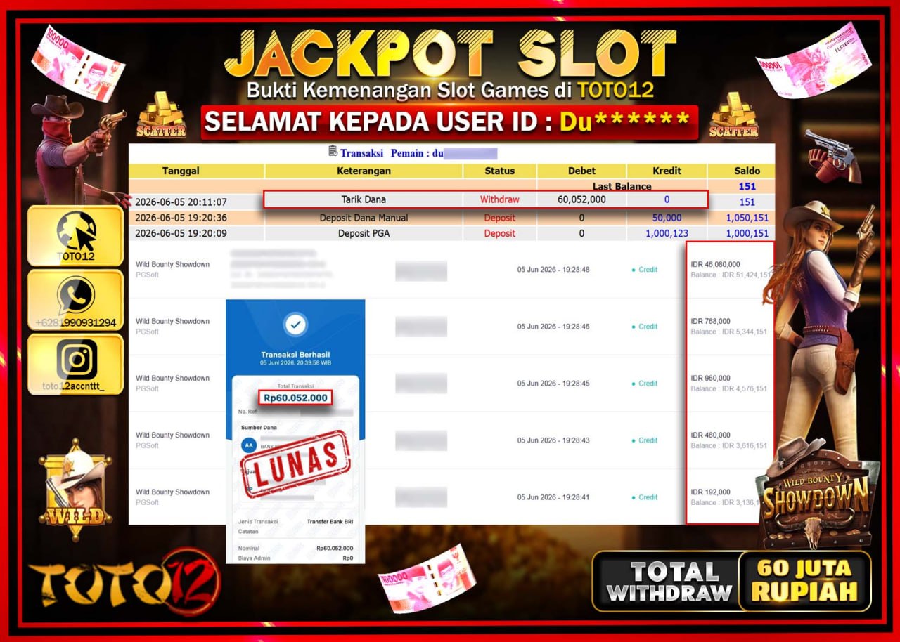 HANYA DI TOTO12 JP PASTI DI BAYAR LUNAS DAN CEPAT!!!!!! JACKPOT SLOT GAME (WILD BOUNTY SHOWDOWN) Rp60.052.000!!!!