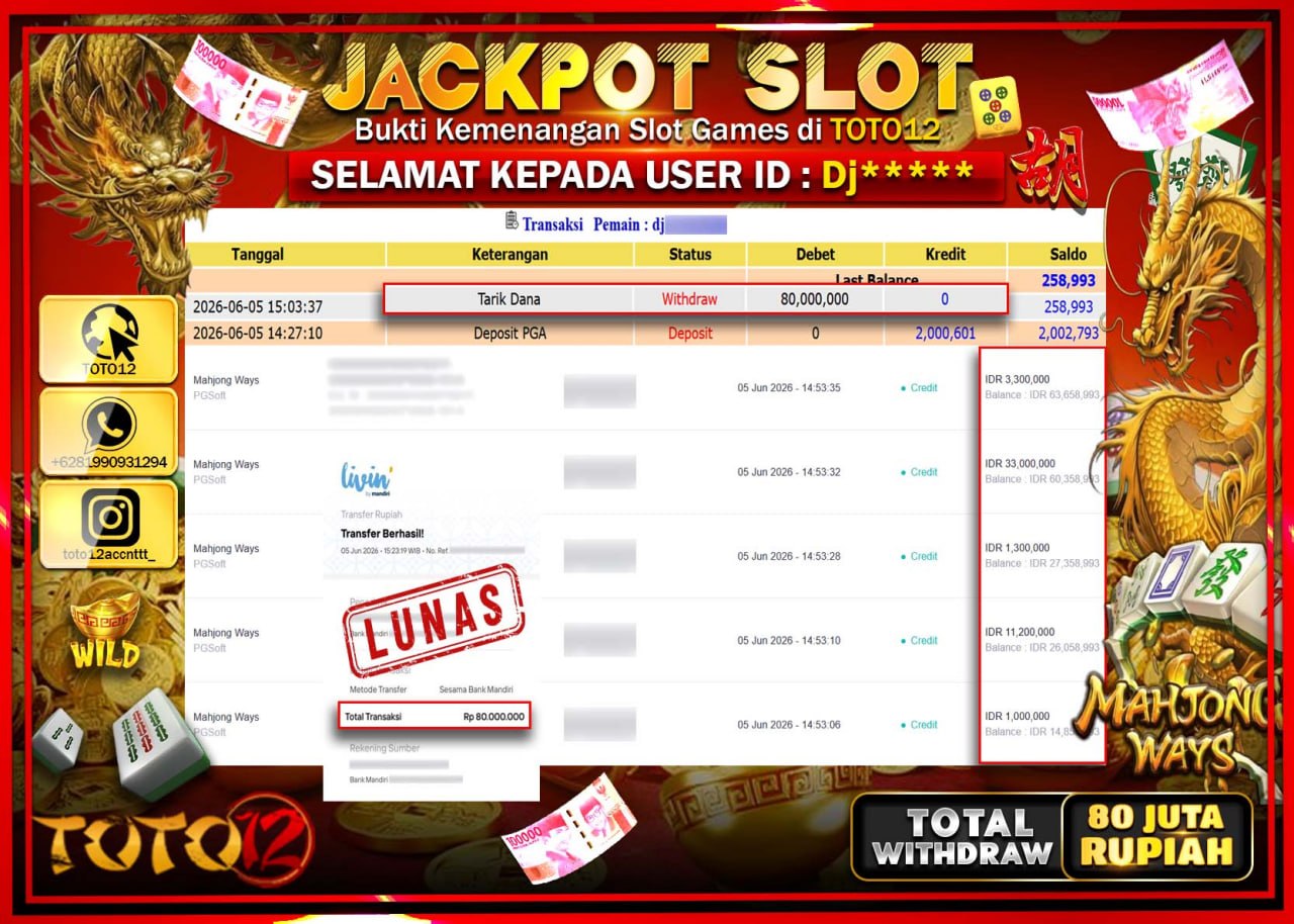HANYA DI TOTO12 JP PASTI DI BAYAR LUNAS DAN CEPAT!!!!!! JACKPOT SLOT GAME (MAHJONG WAYS) Rp80.000.000!!!!