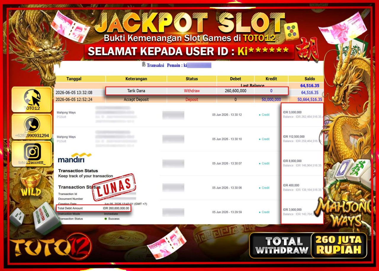 HANYA DI TOTO12 JP PASTI DI BAYAR LUNAS DAN CEPAT!!!!!! JACKPOT SLOT GAME (MAHJONG WAYS) Rp260.600.000!!!!