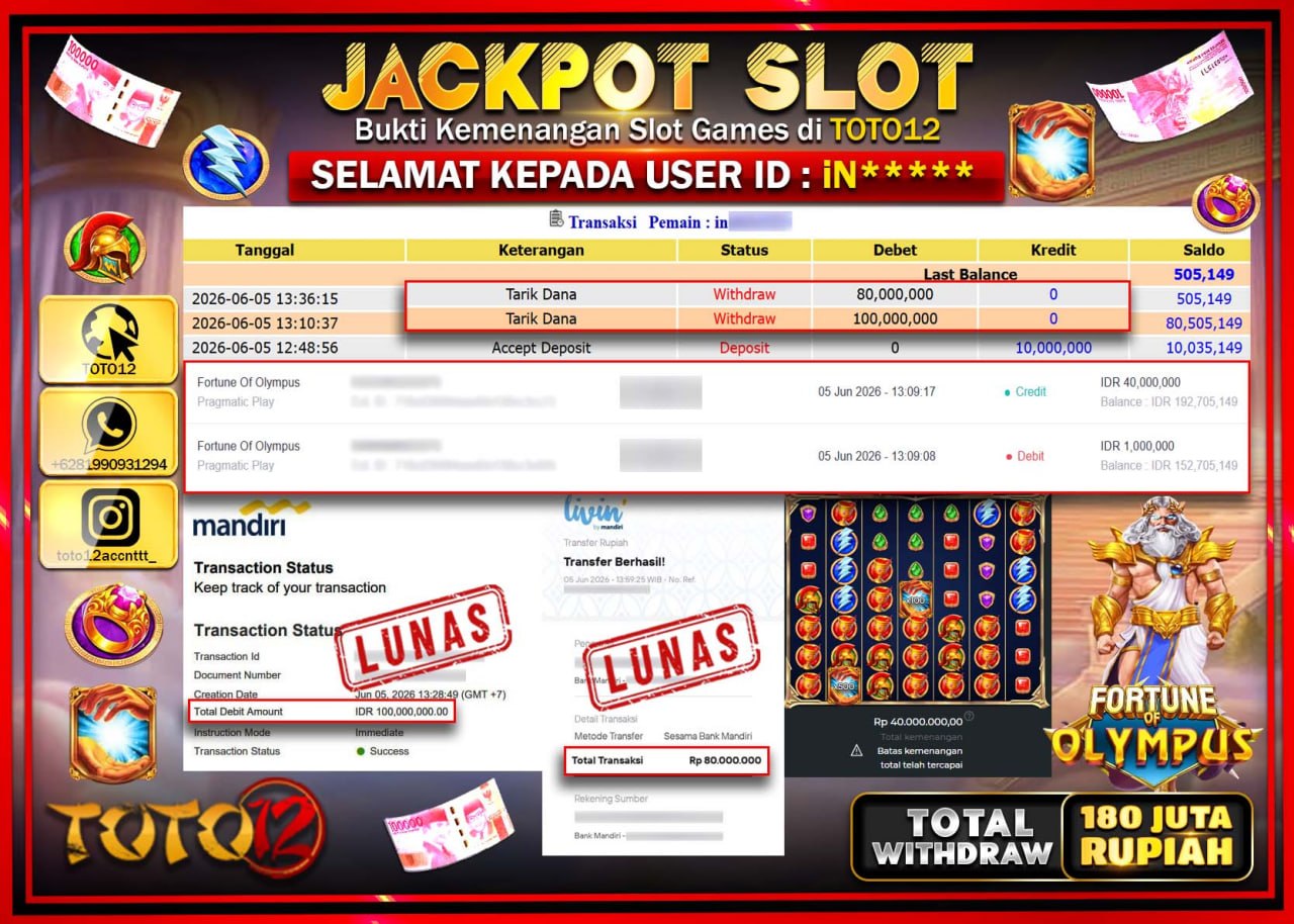 HANYA DI TOTO12 JP PASTI DI BAYAR LUNAS DAN CEPAT!!!!!! JACKPOT SLOT GAME (FORTUNE OF OLYMPUS) Rp180.000.000!!!!