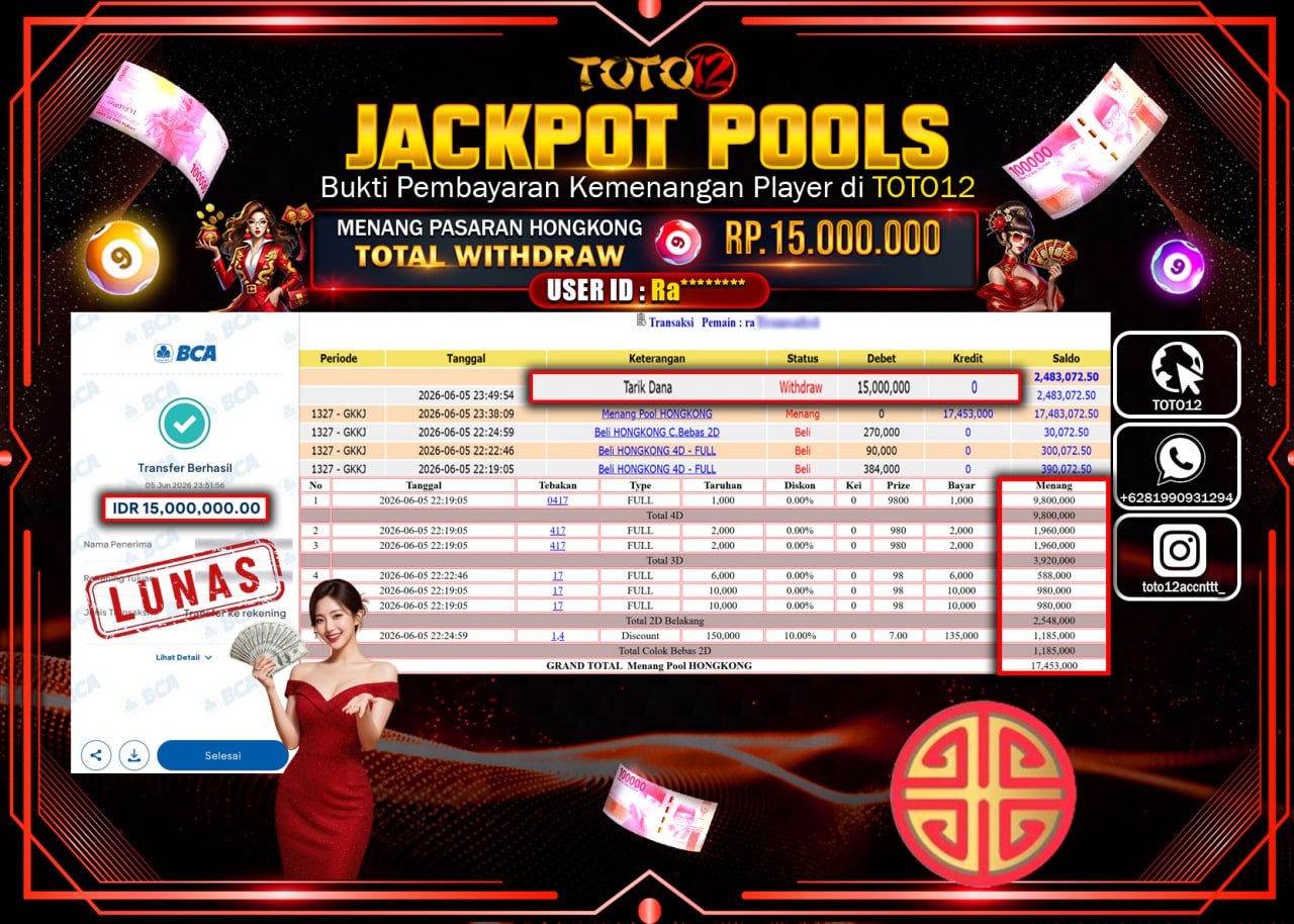 HANYA DI TOTO12 JP PASTI DI BAYAR LUNAS DAN CEPAT!!!!!! JACKPOT POOLS PASARAN (HONGKONG) Rp15.000.000!!!!