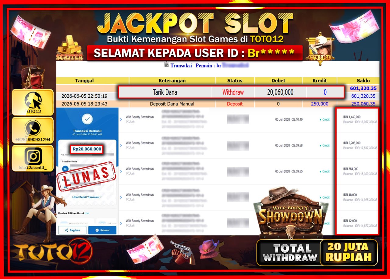 HANYA DI TOTO12 JP PASTI DI BAYAR LUNAS DAN CEPAT!!!!!! JACKPOT SLOT GAME (WILD BOUNTY SHOWDOWN) Rp20.060.000!!!!