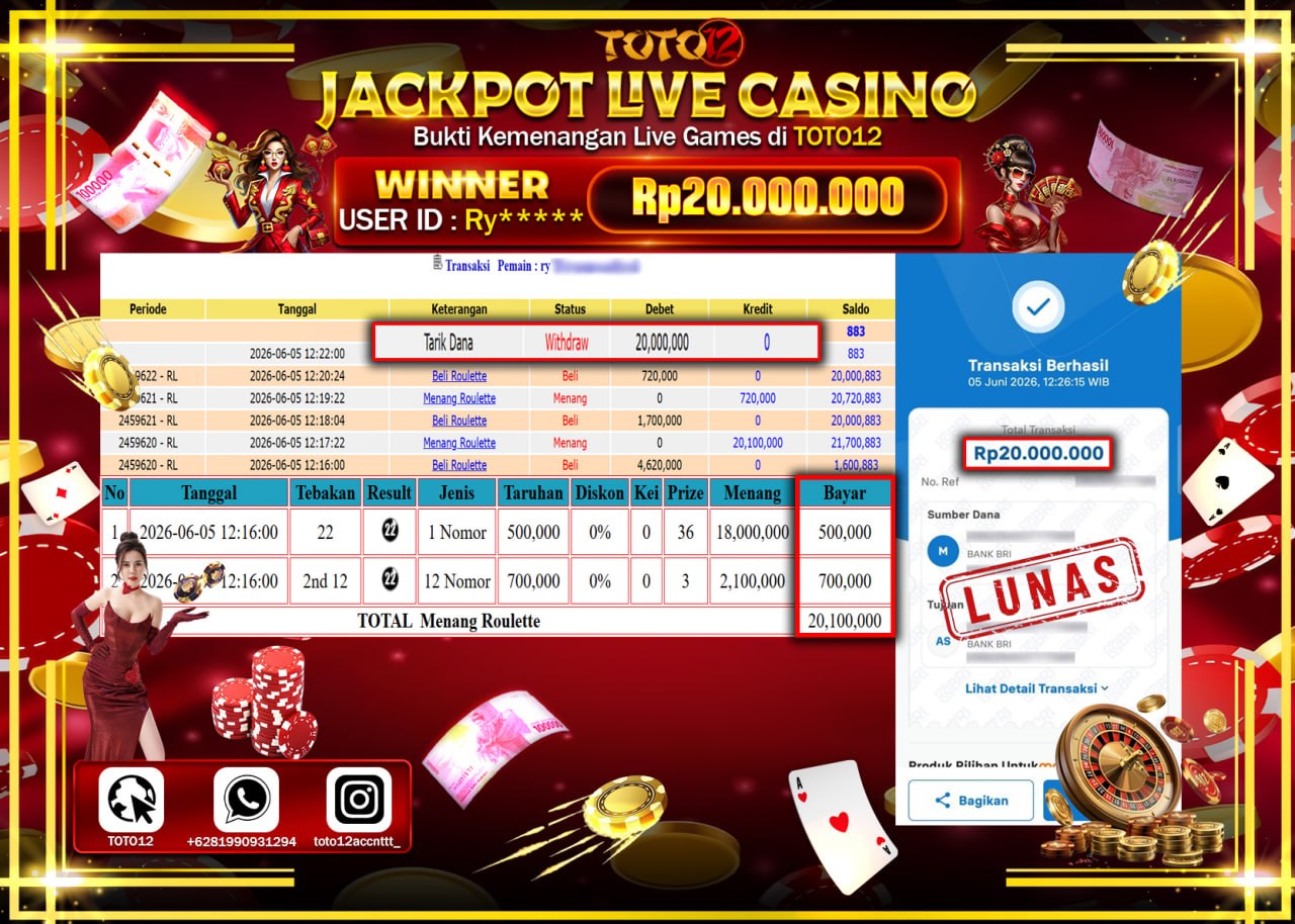 HANYA DI TOTO12 JP PASTI DI BAYAR LUNAS DAN CEPAT!!!!!! JACKPOT  LIVE GAME CASINO (ROULETTE) Rp20.000.000!!!!