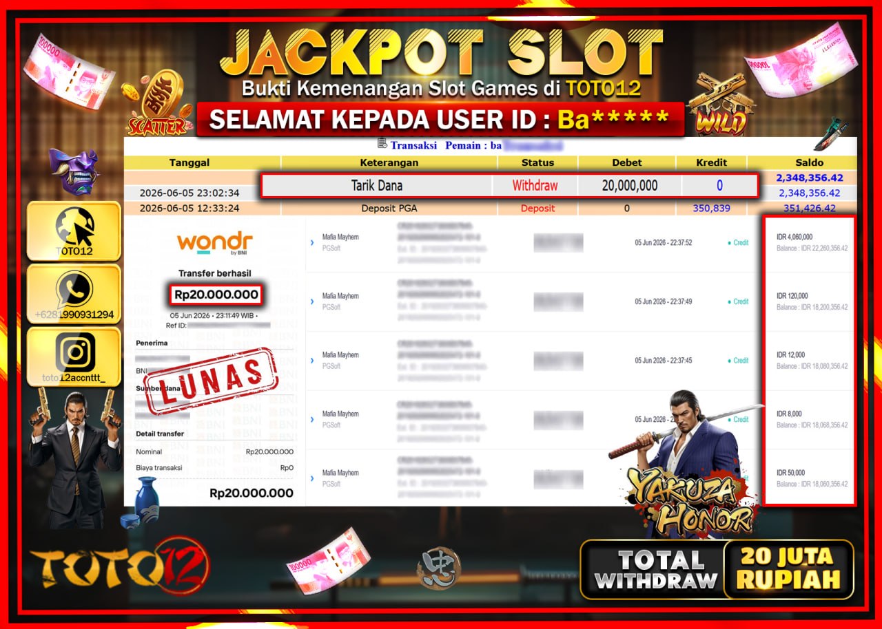 HANYA DI TOTO12 JP PASTI DI BAYAR LUNAS DAN CEPAT!!!!!! JACKPOT SLOT GAME (YAKUZA HONOR) Rp20.000.000!!!!
