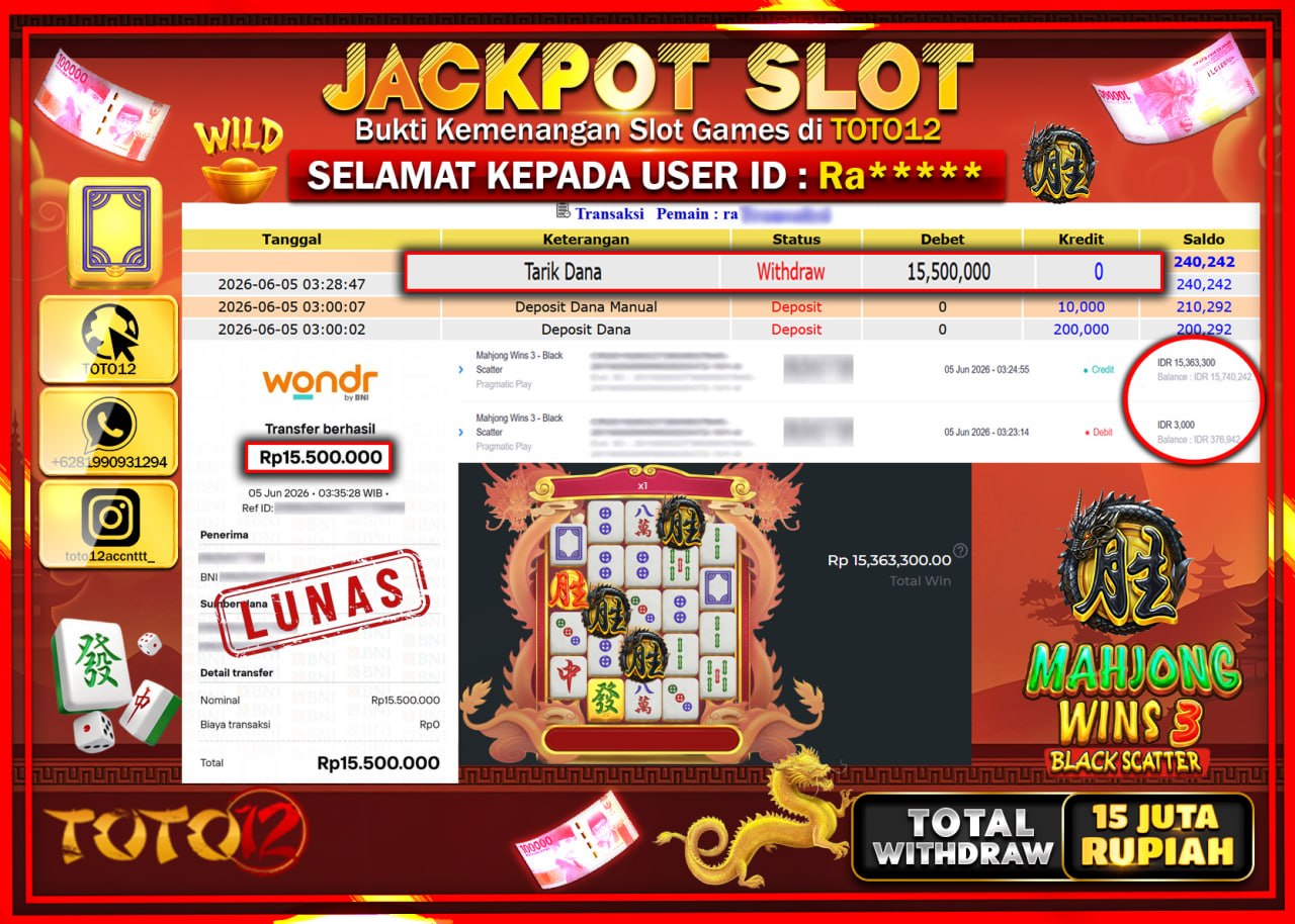 HANYA DI TOTO12 JP PASTI DI BAYAR LUNAS DAN CEPAT!!!!!! JACKPOT SLOT GAME (MAHJONG WINS 3 BLACK SCATTER) Rp15.500.000!!!!
