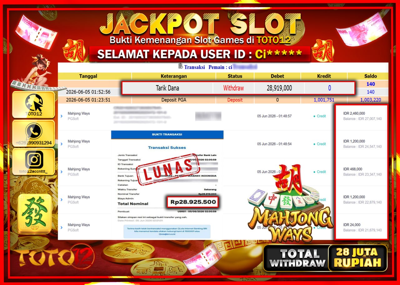 HANYA DI TOTO12 JP PASTI DI BAYAR LUNAS DAN CEPAT!!!!!! JACKPOT SLOT GAME (MAHJONG WAYS) Rp28.919.000!!!!