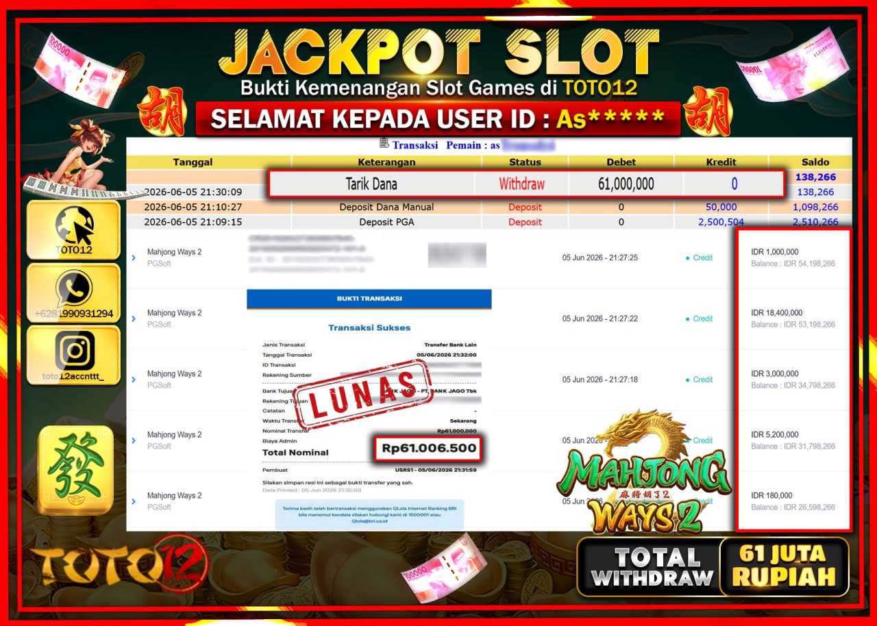 HANYA DI TOTO12 JP PASTI DI BAYAR LUNAS DAN CEPAT!!!!!! JACKPOT SLOT GAME (MAHJONG WAYS 2) Rp61.000.000!!!!