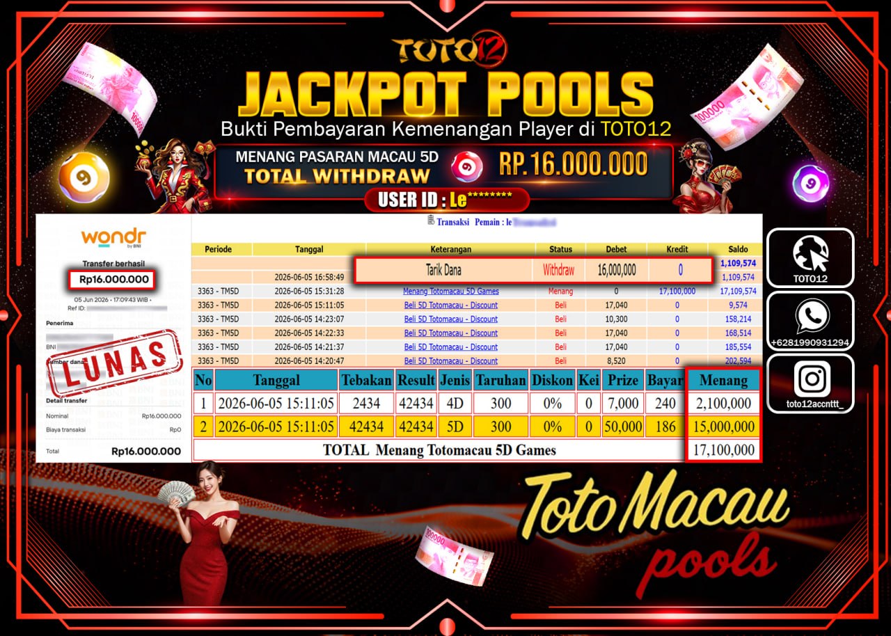 HANYA DI TOTO12 JP PASTI DI BAYAR LUNAS DAN CEPAT!!!!!! JACKPOT POOLS PASARAN (MACAU 5D) Rp16.000.000!!!!