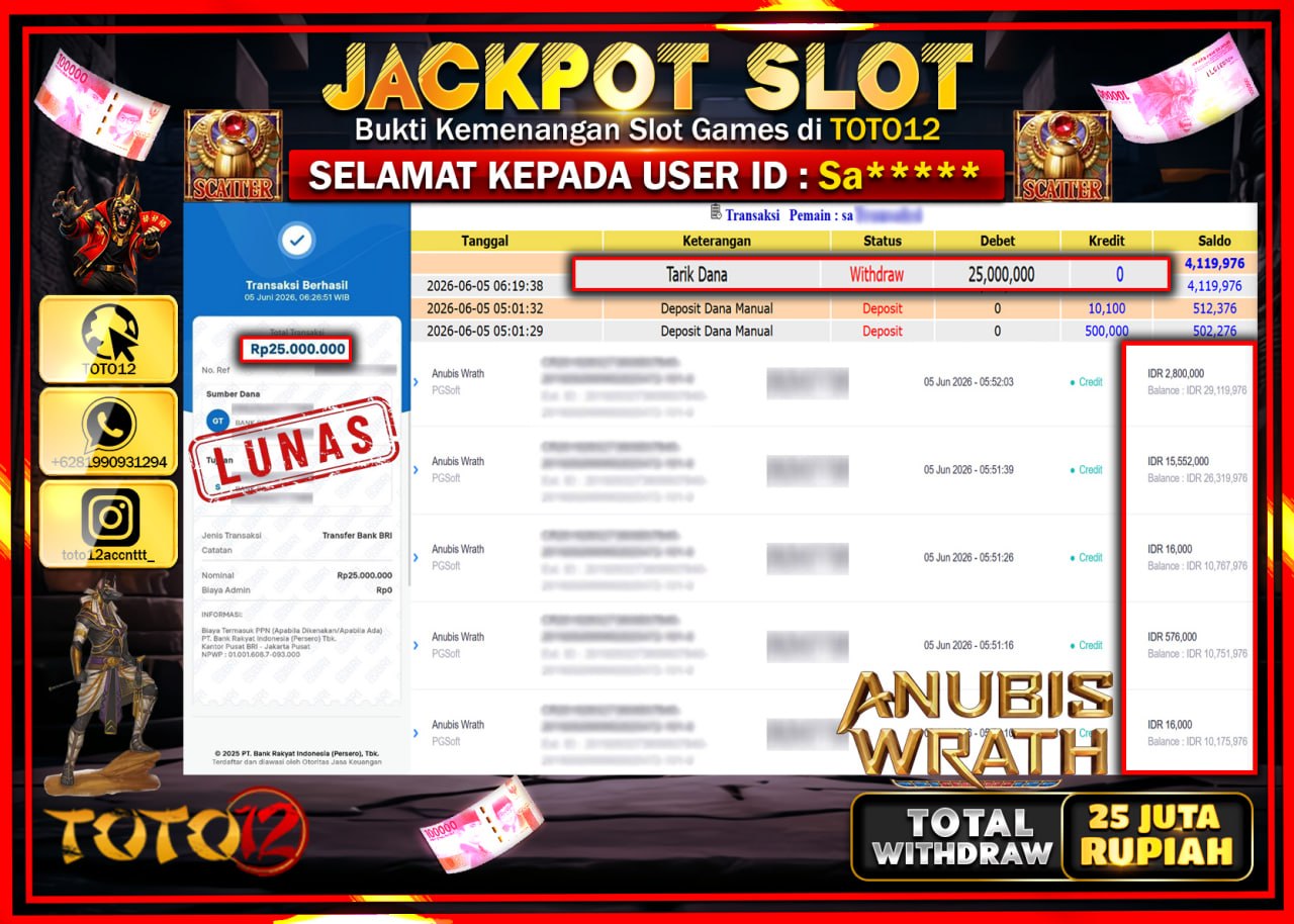 HANYA DI TOTO12 JP PASTI DI BAYAR LUNAS DAN CEPAT!!!!!! JACKPOT SLOT GAME (ANUBIS WRATH) Rp25.000.000!!!!