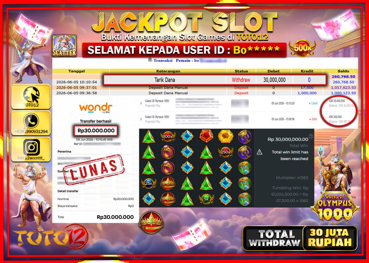 HANYA DI TOTO12 JP PASTI DI BAYAR LUNAS DAN CEPAT!!!!!! JACKPOT SLOT GAME (GATES OF OLYMPUS 1000) Rp30.000.000!!!!
