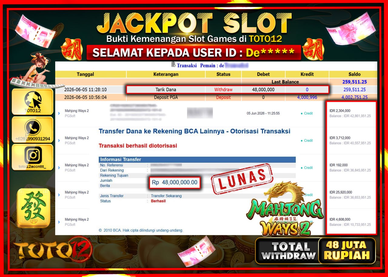 HANYA DI TOTO12 JP PASTI DI BAYAR LUNAS DAN CEPAT!!!!!! JACKPOT SLOT GAME (MAHJONG WAYS 2) Rp48.000.000!!!!