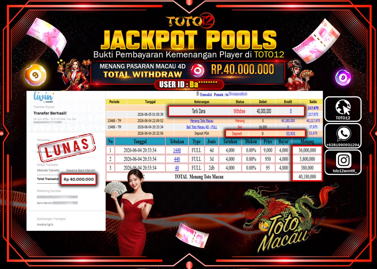 HANYA DI TOTO12 JP PASTI DI BAYAR LUNAS DAN CEPAT!!!!!! JACKPOT POOLS PASARAN (MACAU 4D) Rp40.000.000!!!!