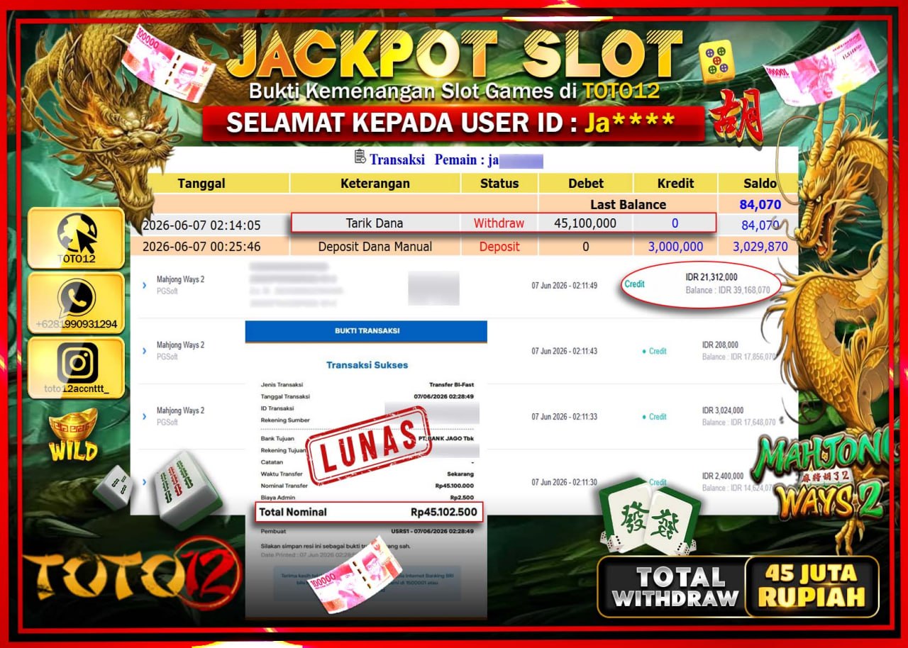 HANYA DI TOTO12 JP PASTI DI BAYAR LUNAS DAN CEPAT!!!!!! JACKPOT SLOT GAME (MAHJONG WAYS 2) Rp45.100.000!!!!
