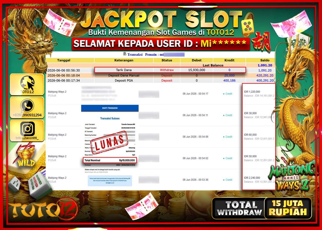HANYA DI TOTO12 JP PASTI DI BAYAR LUNAS DAN CEPAT!!!!!! JACKPOT SLOT GAME (MAHJONG WAYS 2) Rp15.930.000!!!!