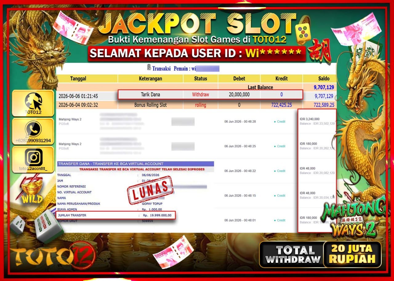 HANYA DI TOTO12 JP PASTI DI BAYAR LUNAS DAN CEPAT!!!!!! JACKPOT SLOT GAME (MAHJONG WAYS 2) Rp20.000.000!!!!