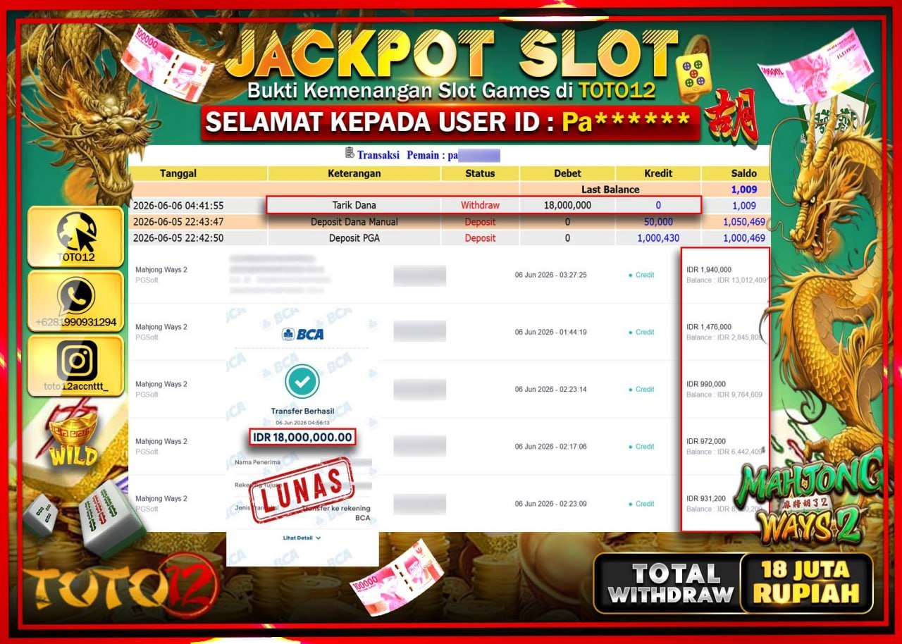 HANYA DI TOTO12 JP PASTI DI BAYAR LUNAS DAN CEPAT!!!!!! JACKPOT SLOT GAME (MAHJONG WAYS 2) Rp18.000.000!!!!