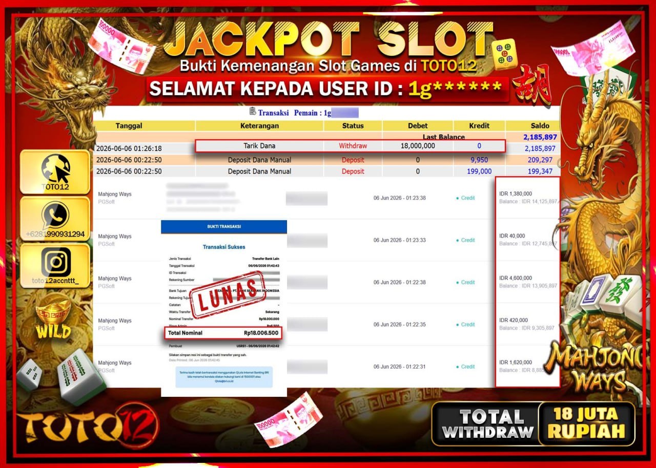 HANYA DI TOTO12 JP PASTI DI BAYAR LUNAS DAN CEPAT!!!!!! JACKPOT SLOT GAME (MAHJONG WAYS) Rp18.000.000!!!!