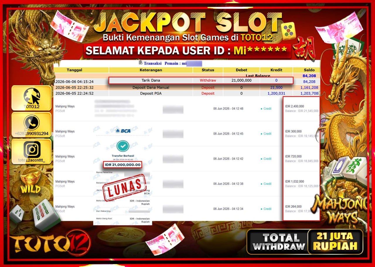 HANYA DI TOTO12 JP PASTI DI BAYAR LUNAS DAN CEPAT!!!!!! JACKPOT SLOT GAME (MAHJONG WAYS) Rp21.000.000!!!!