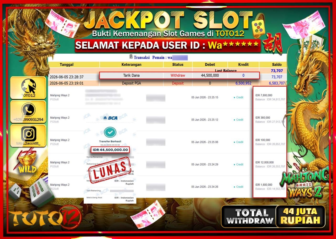 HANYA DI TOTO12 JP PASTI DI BAYAR LUNAS DAN CEPAT!!!!!! JACKPOT SLOT GAME (MAHJONG WAYS 2) Rp44.500.000!!!!