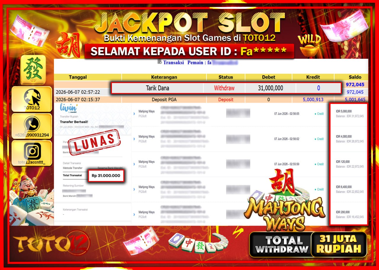 HANYA DI TOTO12 JP PASTI DI BAYAR LUNAS DAN CEPAT!!!!!! JACKPOT SLOT GAME (MAHJONG WAYS) Rp31.000.000!!!!
